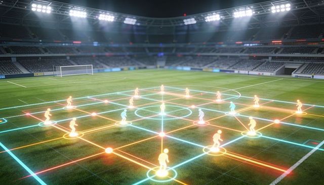 Holographic soccer formation visualizing tactical analytics and ai simulation on stadium
