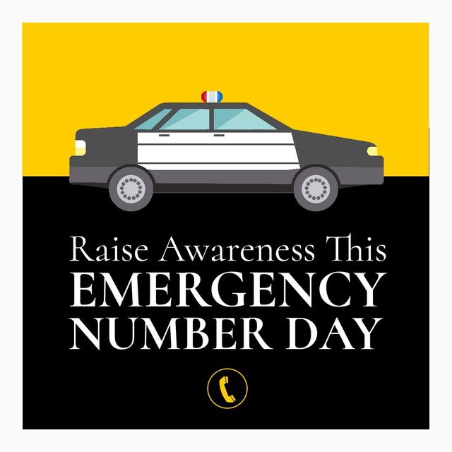 Emergency number day text banner with car icon against yellow and black dual tone background. National emergency number day awareness concept