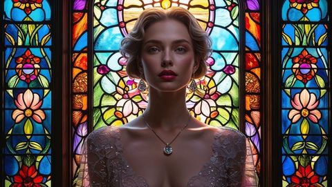 Elegant woman in lace gown in front of chapel stained glass