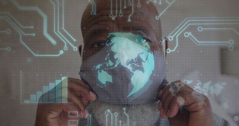Mature Man Wearing Mask with Digital World Map Overlay