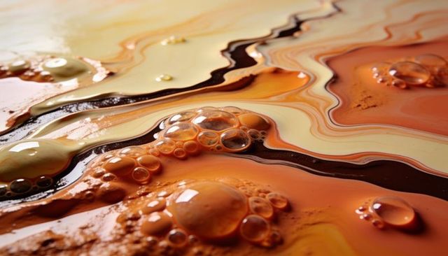 Macro marbled orange cream liquid with glossy bubbles and flowing veins