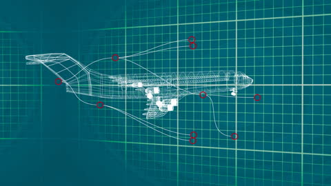 Digital Blueprint of Airplane Concept in Green Matrix
