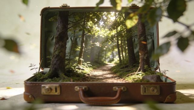 Vintage leather suitcase containing miniature forest path with moss and sunlight rays