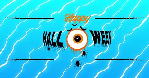 Happy halloween dripping eyeball with bats and spiders on blue gradient