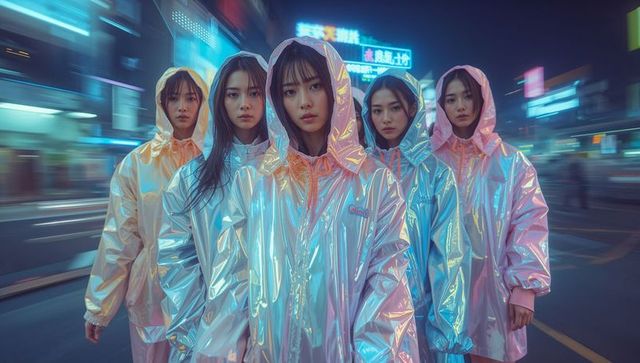Five Women in Reflective Raincoats on Neon-Lit Urban Street at Night