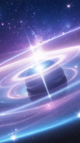 Vertical sci-fi orb forming glowing rings, energizing and shooting beam in nebula galaxy