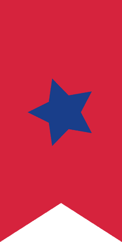 Modern geometric blue star on red ribbon design with transparency