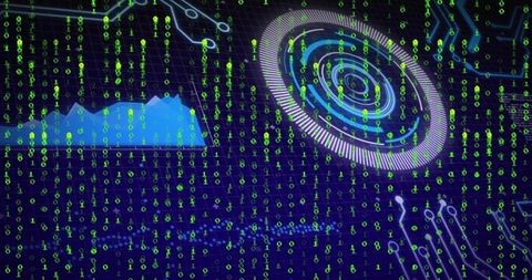 Neon Cyber Dashboard with Binary Rain, Futuristic HUD Rings and Holographic Dataviz