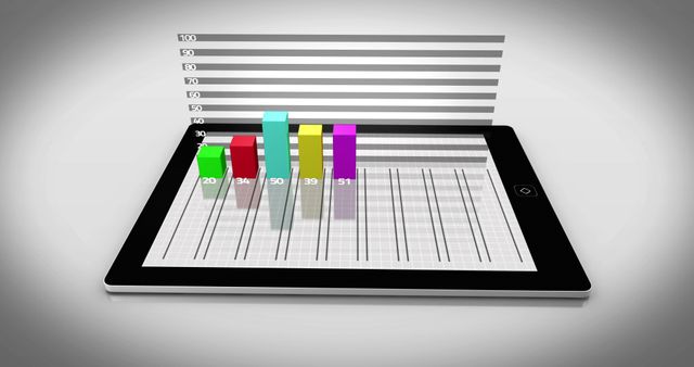 3D bar graph visualization on a digital tablet representing statistical data analysis. Useful for presentations, business reports, and infographics demonstrating growth and financial trends.