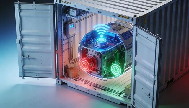 Modular hover drone charging inside shipping container with glowing ports and wireless beacon