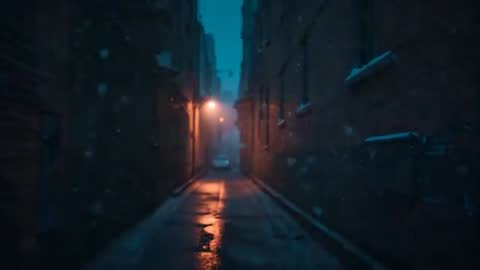 Falling snow in narrow urban alley at dusk showing wet reflections and warm lamp glow
