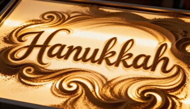 Hanukkah sand art calligraphy on backlit tray with golden swirls, granular texture display