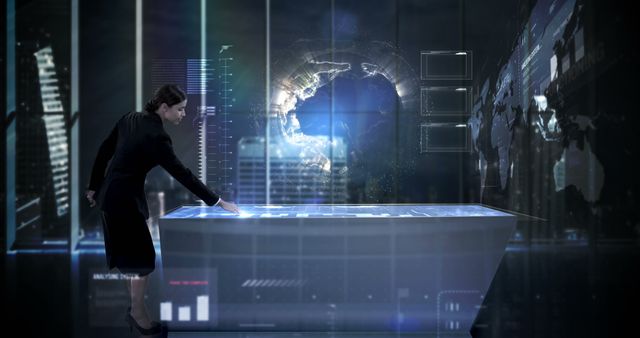 Businesswoman Interacting with Futuristic Digital Interface in High-Tech Office - Download Free Stock Images Pikwizard.com