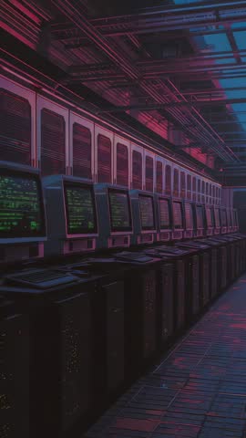 Gliding Vertical Video Showing Retro CRT Terminals in Neon-Lit Cyberpunk Server Corridor