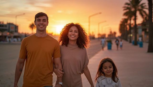 Family Enjoying Relaxed Walk along Seaside Promenade at Sunset