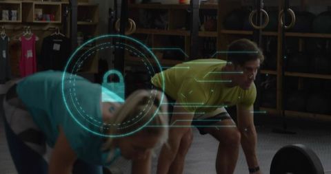Pair training with barbell in gym with holographic lock overlay for secure fitness data