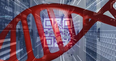 Red DNA Helix Overlayed with QR Code in Futuristic Technology Setting
