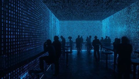 Silhouetted Crowd Experiencing Immersive Blue Binary Installation at Futuristic Cyber Expo
