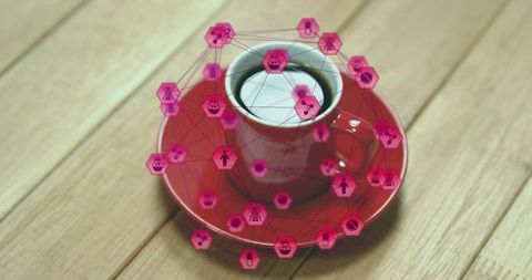 Red coffee cup with pink hexagon network overlay showing data, science and connectivity