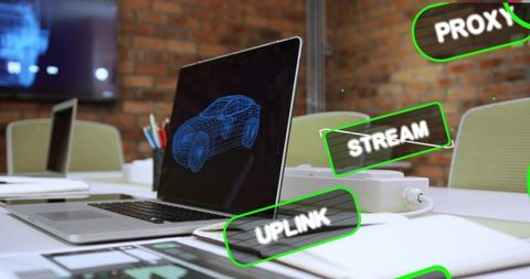 Futuristic workspace with laptop showing wireframe car model and neon hud uplink stream overlays