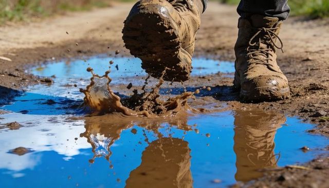 Hiking boots splashing muddy puddle with vivid blue sky reflection on dirt trail