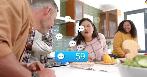 Friends Gathering Modern Kitchen Inspecting Homemade Pie Social Media Notification Overlay