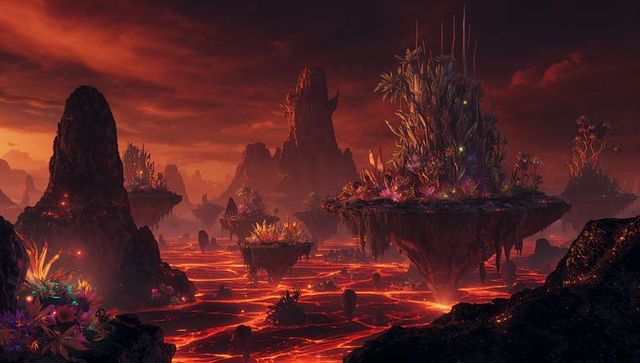 Floating islands with bioluminescent plants over molten lava rivers