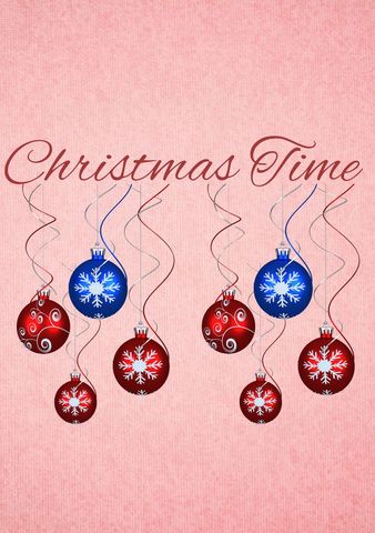 Christmas decorations hanging with holiday text on pink background