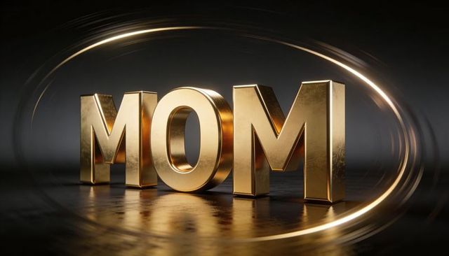 Golden mom letters with glowing orbital light ring on reflective black floor
