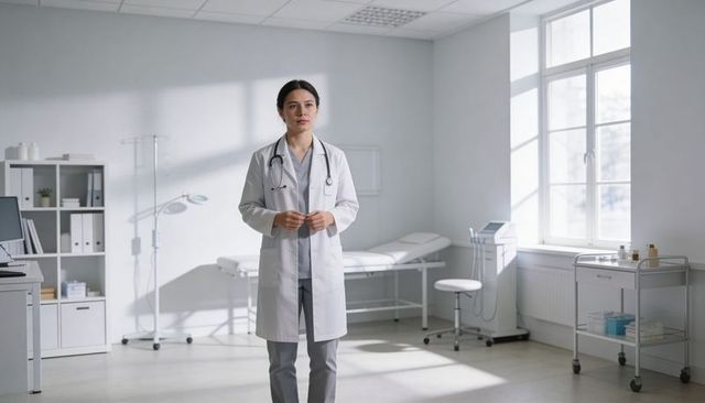 Woman doctor standing in bright clinic wearing white coat and stethoscope, healthcare