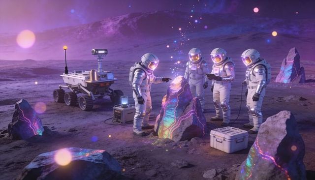 Astronauts Studying Glowing Alien Crystal on Lunar Plain with Exploration Rover