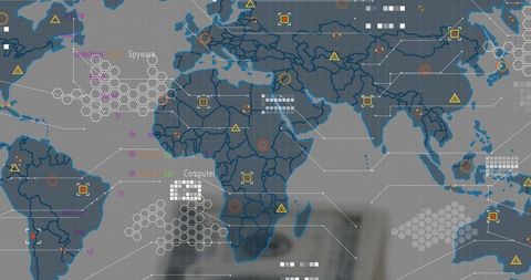 Global cybersecurity network dashboard showing data analytics, hex clusters
