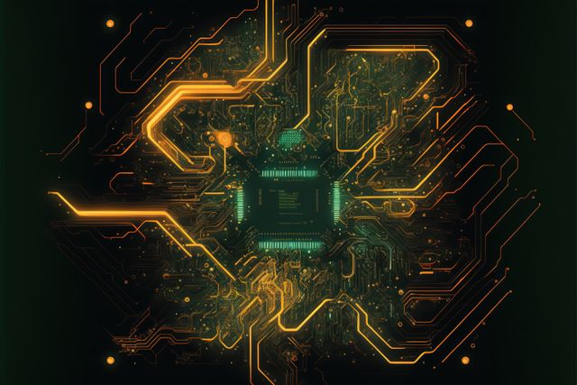 Image of computer circuit board and yellow light trails on dark background. Computing and data processing concept created using generative ai technology.