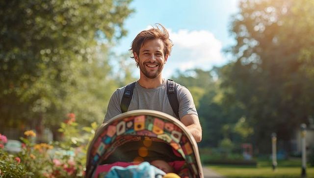 Smiling young father pushing colorful stroller on sunny park path with blooming flowers