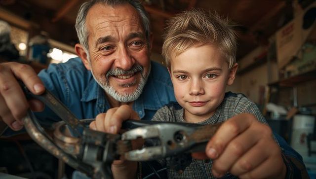Grandfather Teaching Grandson to Repair Bicycle at Workshop