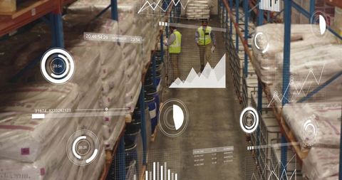 Warehouse workers wearing safety vests walking through aisle with AR analytics overlays