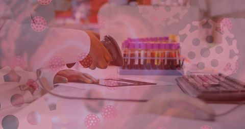 Medical Professional Analyzing Blood Samples with Coronavirus Overlay