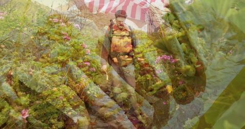 Man hiking rocky hillside surrounded by pink succulent flowers