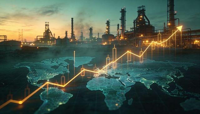 Holographic world map and rising financial chart over refinery, neon global energy market surge