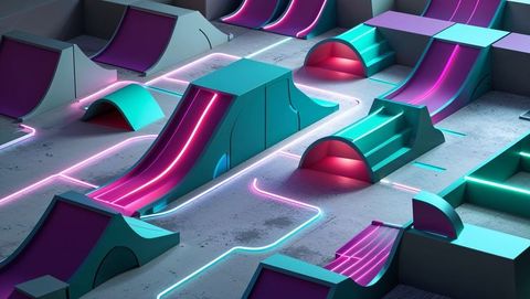 Futuristic Neon Concrete Skatepark with Glowing Ramps