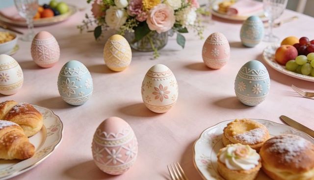 Arranging pastel embossed easter eggs on elegant spring brunch table with pastries