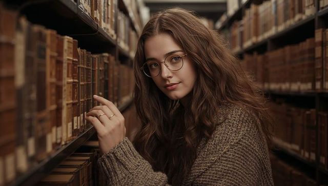 Young woman selecting vintage book in library stacks wearing round glasses, knit sweater