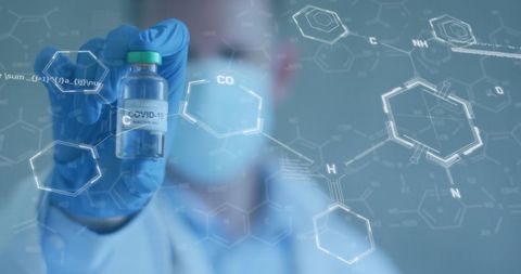 Doctor holding covid-19 vaccine with chemical structure overlay