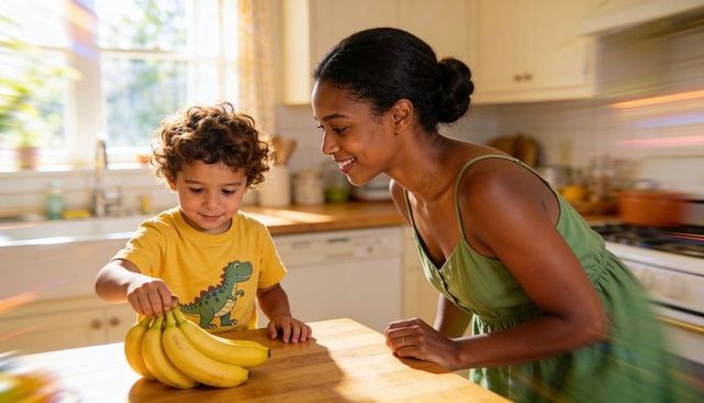 Sunlit kitchen moment child reaching for bananas while caregiver smiling and watching