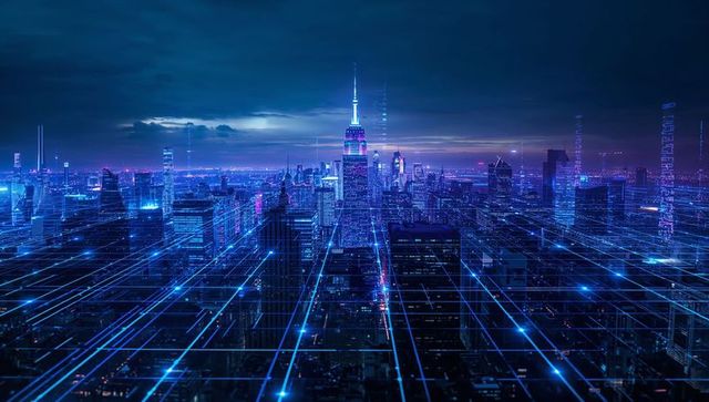 Cyberpunk Metropolis with Neon Skylines and Digital Grid Overlay