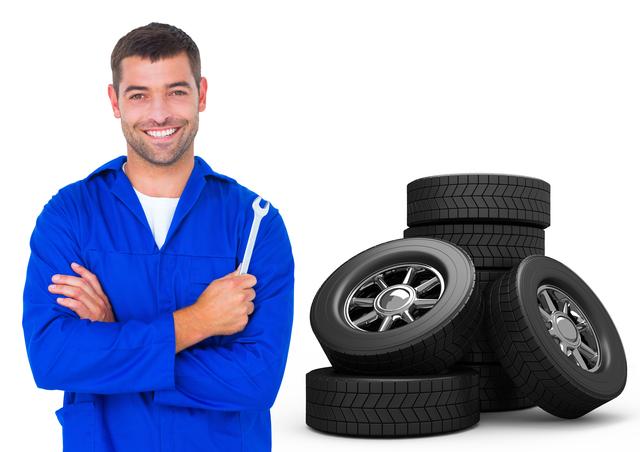 Perfect for illustrating automotive services, this image features a professional mechanic in blue overalls, holding a wrench and smiling next to a stack of car tires. Ideal for advertisements, brochures, or websites relating to car repair services, tire shops, or mechanic workshops.