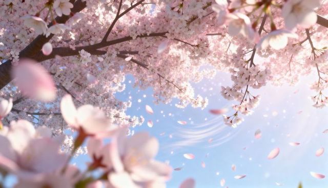 Drifting Cherry Blossom Canopy Showering Delicate Pink Petals under Soft Sun Flare
