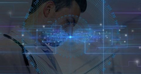 Doctor analyzing holographic diagnostic interface with data overlay and stethoscope