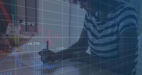 Focused Woman Writing with Financial Charts Overlayed