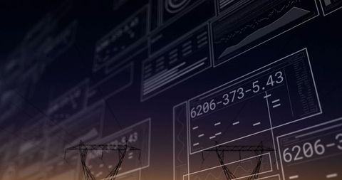 Futuristic data visualization above transmission towers at dusk